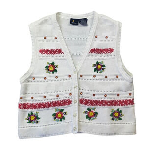 Vintage Liz Sport Sweater Vest Medium White Floral Beaded Grandma Cottagecore